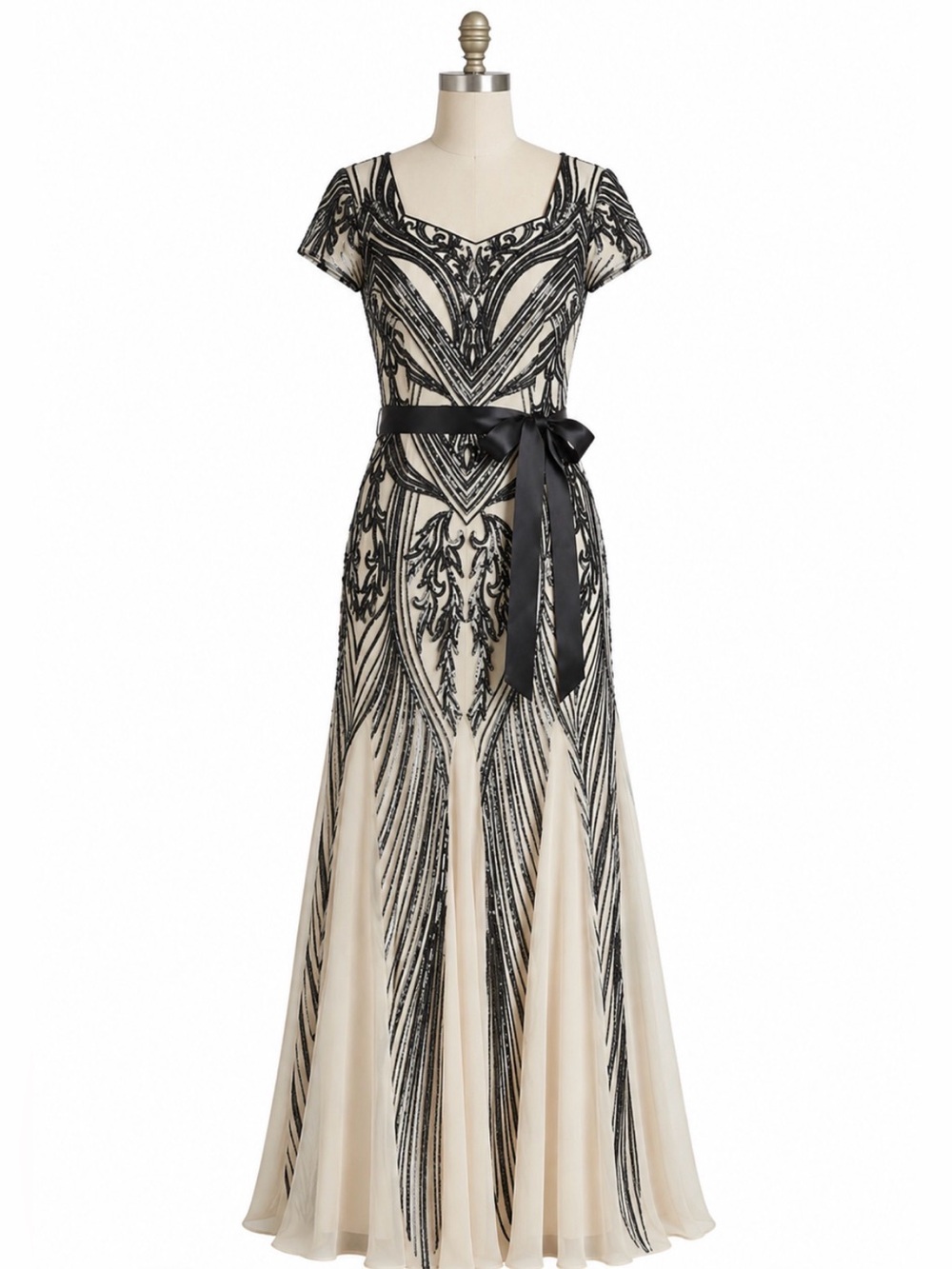 R&M Richards Black and Cream Beaded Maxi Gown with Sash